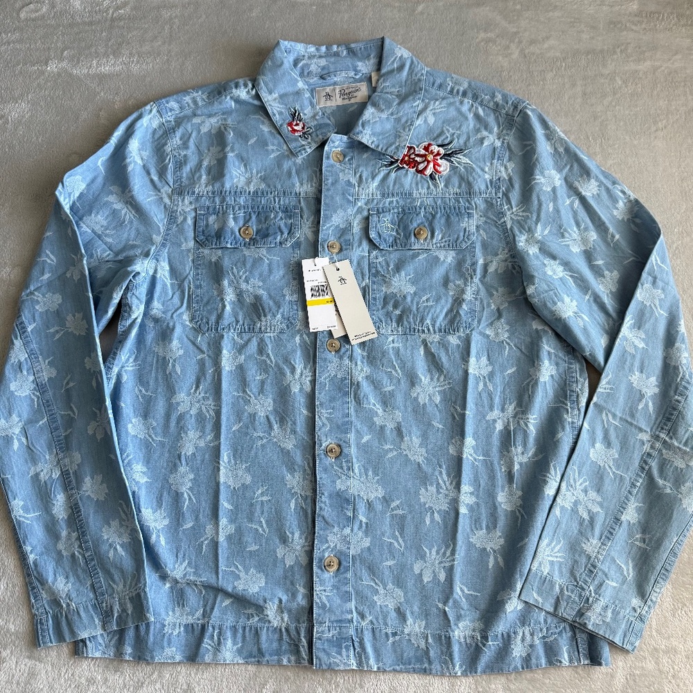 Original Penguin Floral Embroidered Mens Button Shirt SIze M Faded Denim NWT